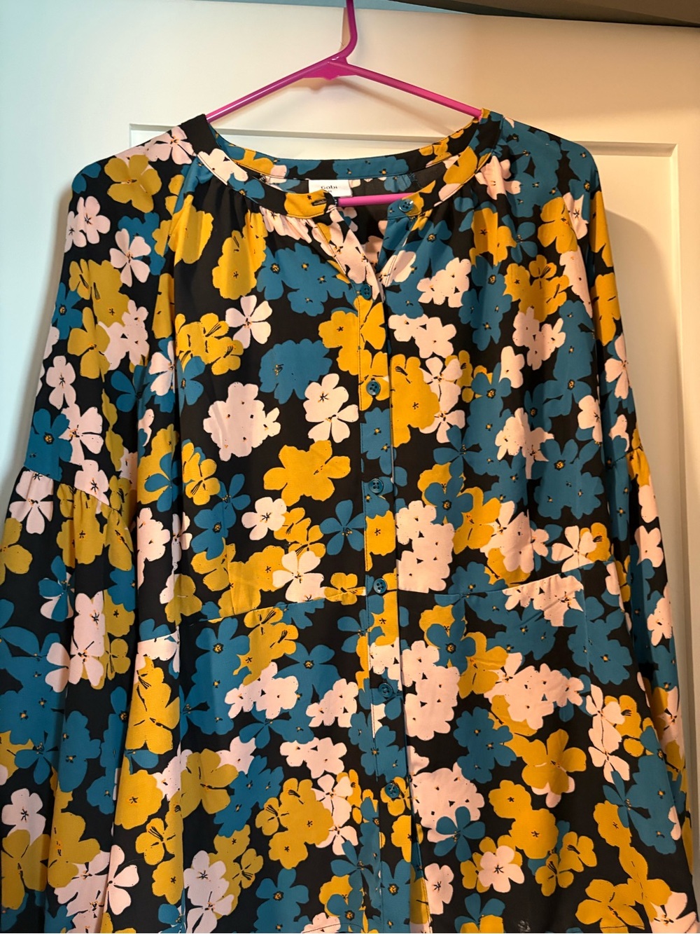 CAbi Floral Button-Front Blouse - Yellow, Teal & Light Pink on Black